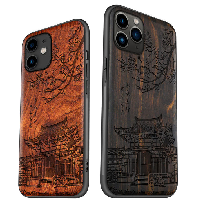 The Ancient Temple Amidst Cherry Blossoms, Classic Engraved Wood & TPU Case - Artisanal Cover for Apple iPhone