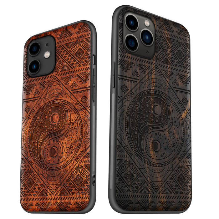 The Yin Yang Sun and Moon, Classic Engraved Wood & TPU Case - Artisanal Cover for Apple iPhone