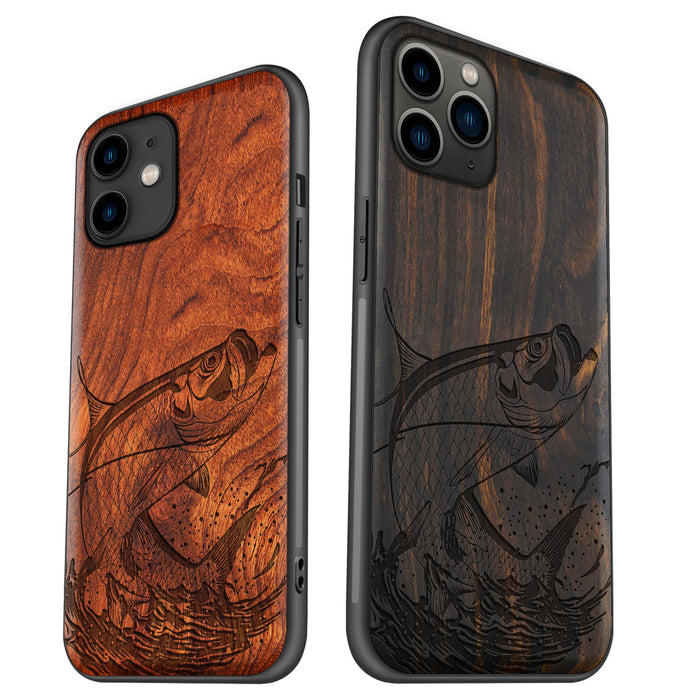 The Tarpon's Majestic Leap, Classic Engraved Wood & TPU Case - Artisanal Cover for Apple iPhone