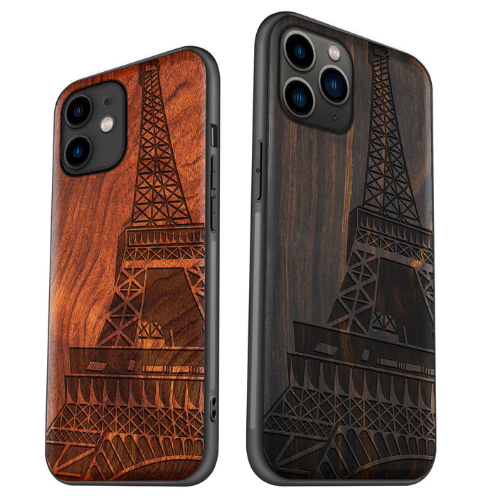 The Eiffel Tower in Geometric Splendour, Classic Engraved Wood & TPU Case - Artisanal Cover for Apple iPhone