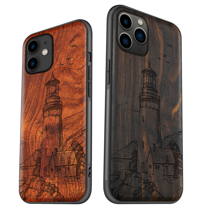 The Lighthouse, Classic Engraved Wood & TPU Case - Artisanal Cover for Apple iPhone