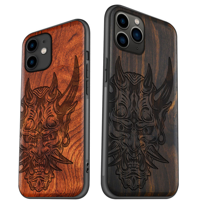 The Art of the Japanese Oni Mask, Classic Engraved Wood & TPU Case - Artisanal Cover for Apple iPhone