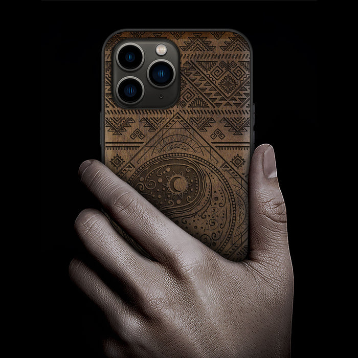 The Yin Yang Sun and Moon, Classic Engraved Wood & TPU Case - Artisanal Cover for Apple iPhone