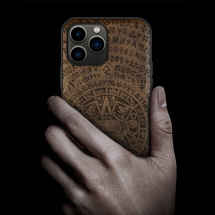 Ancient Wisdom Unveiled, Classic Engraved Wood & TPU Case - Artisanal Cover for Apple iPhone