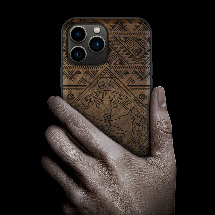 Mjollnir, Classic Engraved Wood & TPU Case - Artisanal Cover for Apple iPhone