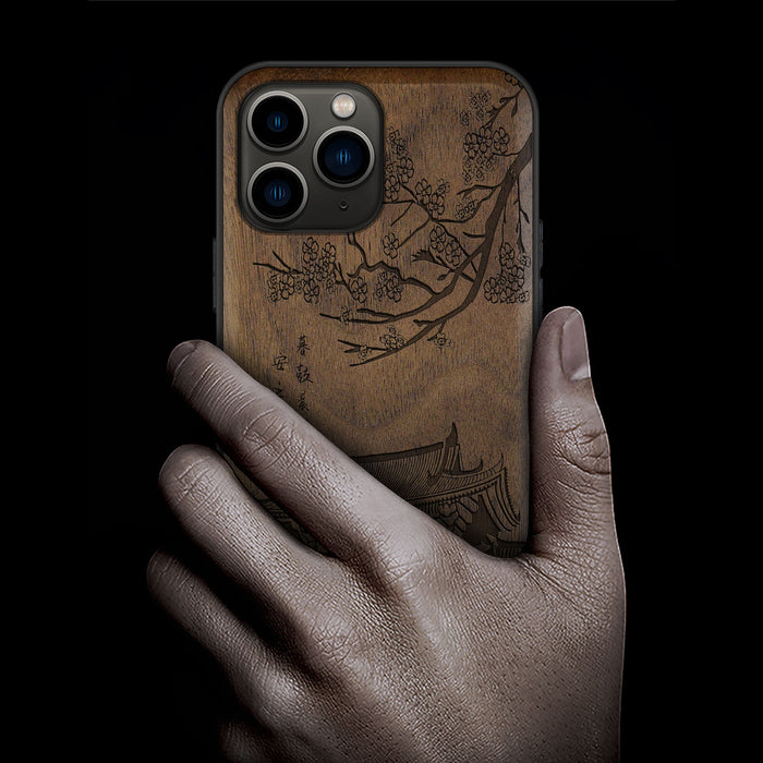 The Ancient Temple Amidst Cherry Blossoms, Classic Engraved Wood & TPU Case - Artisanal Cover for Apple iPhone