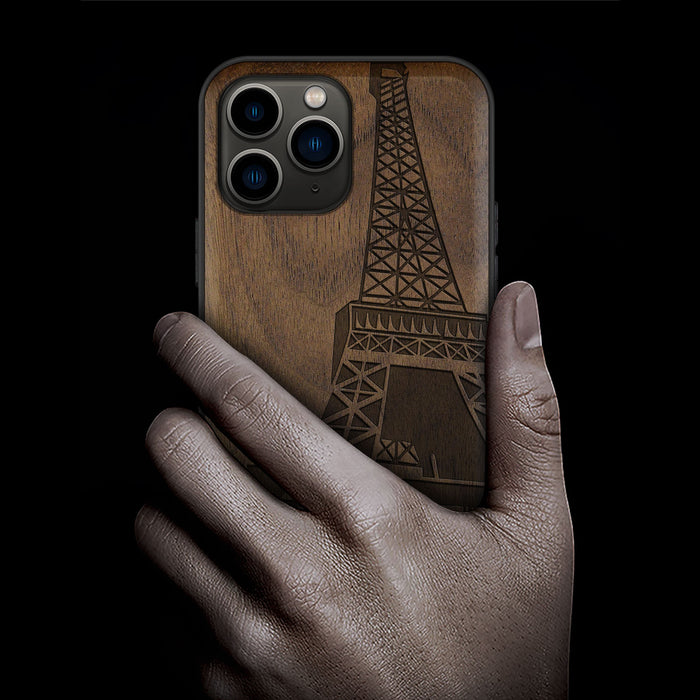 The Eiffel Tower in Geometric Splendour, Classic Engraved Wood & TPU Case - Artisanal Cover for Apple iPhone