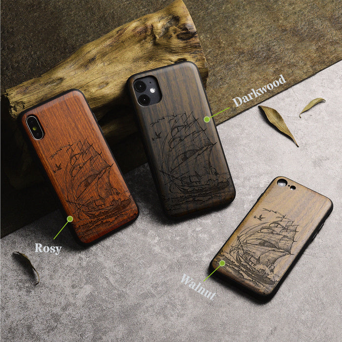 A Sailing Yacht on the Sea Waves, Classic Engraved Wood & TPU Case - Artisanal Cover for Apple iPhone