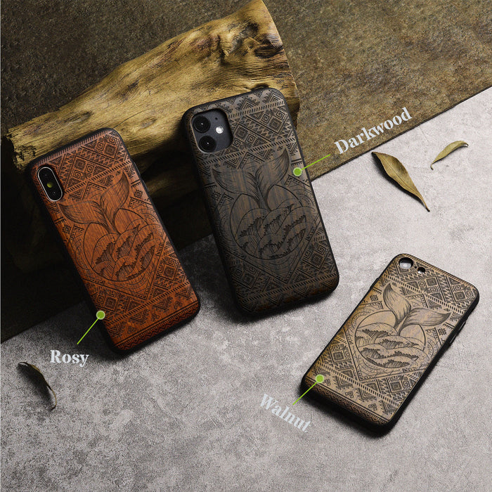 The Whale's Song Amidst Aztec Waves, Classic Engraved Wood & TPU Case - Artisanal Cover for Apple iPhone