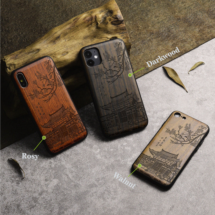 The Ancient Temple Amidst Cherry Blossoms, Classic Engraved Wood & TPU Case - Artisanal Cover for Apple iPhone