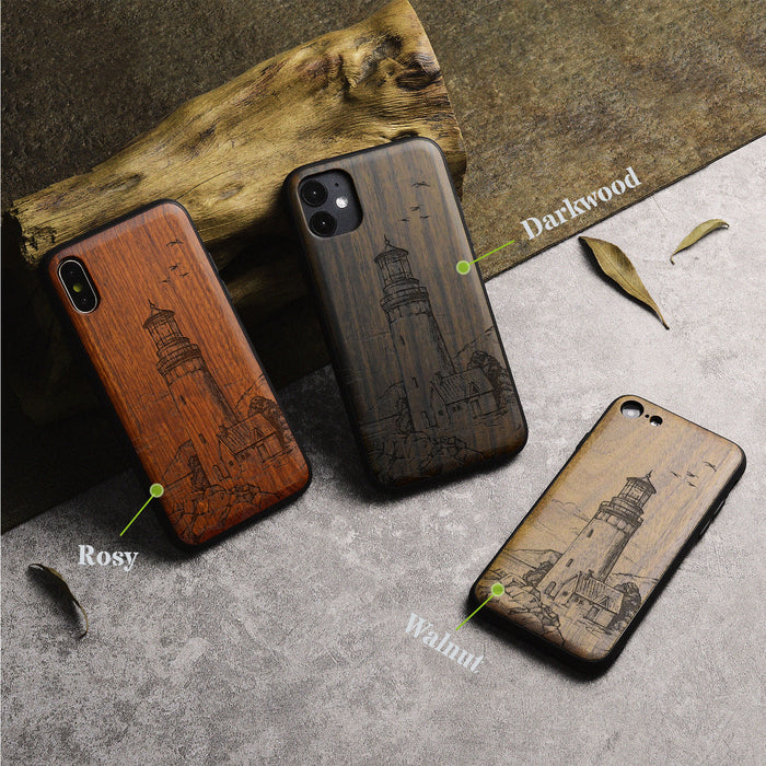 The Lighthouse, Classic Engraved Wood & TPU Case - Artisanal Cover for Apple iPhone