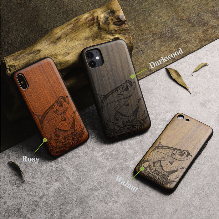 The Tarpon's Majestic Leap, Classic Engraved Wood & TPU Case - Artisanal Cover for Apple iPhone