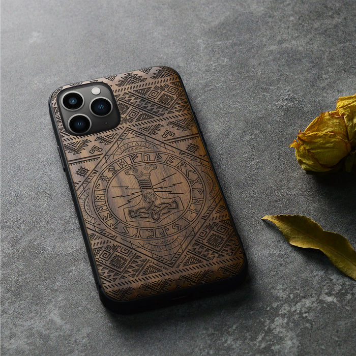 Mjollnir, Classic Engraved Wood & TPU Case - Artisanal Cover for Apple iPhone