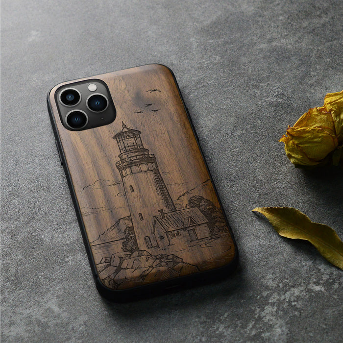 The Lighthouse, Classic Engraved Wood & TPU Case - Artisanal Cover for Apple iPhone