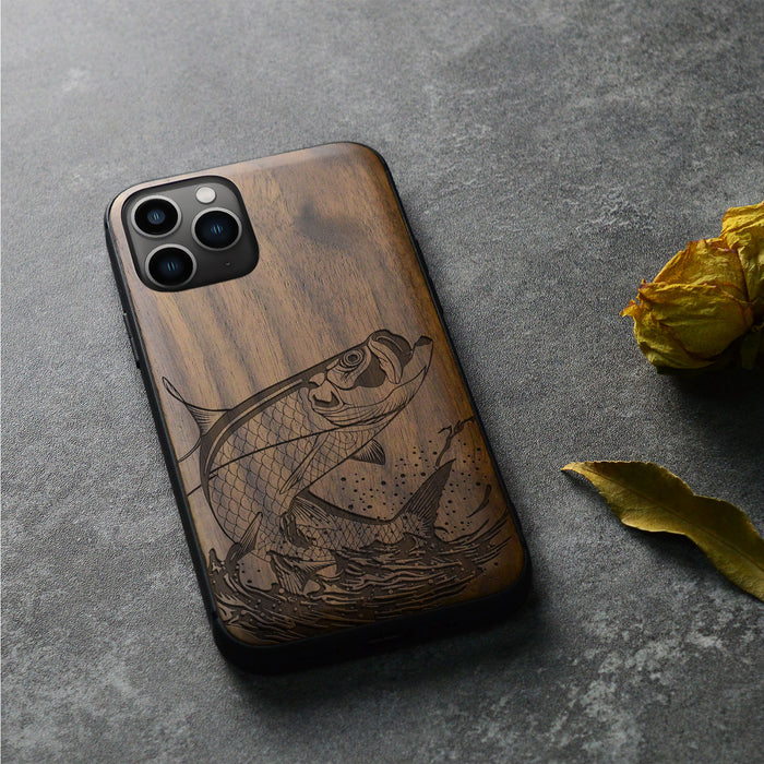 The Tarpon's Majestic Leap, Classic Engraved Wood & TPU Case - Artisanal Cover for Apple iPhone