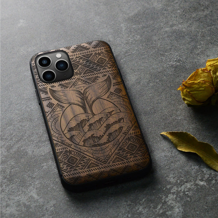 The Whale's Song Amidst Aztec Waves, Classic Engraved Wood & TPU Case - Artisanal Cover for Apple iPhone