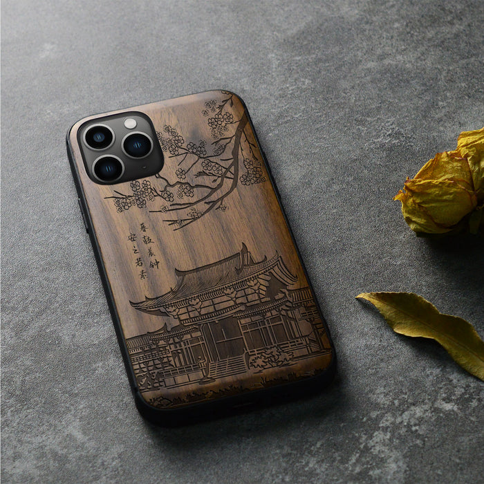 The Ancient Temple Amidst Cherry Blossoms, Classic Engraved Wood & TPU Case - Artisanal Cover for Apple iPhone