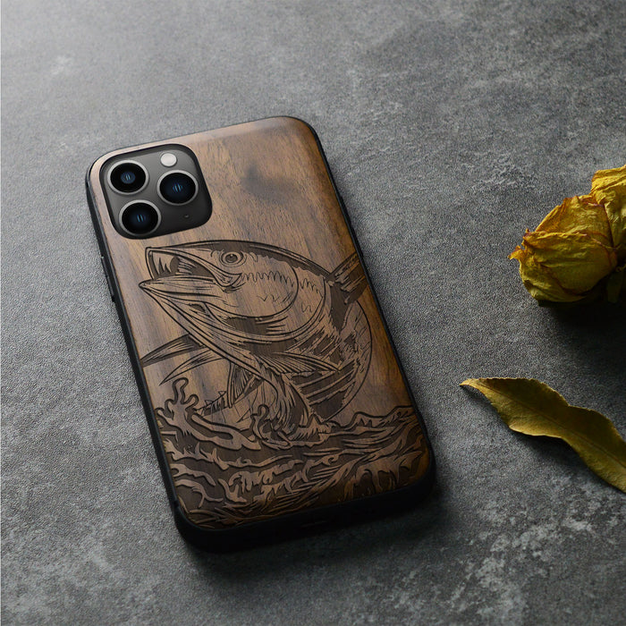 The Tuna's Spectacular Soar, Classic Engraved Wood & TPU Case - Artisanal Cover for Apple iPhone