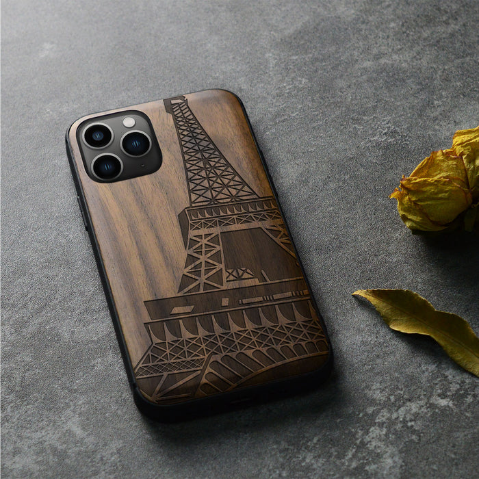 The Eiffel Tower in Geometric Splendour, Classic Engraved Wood & TPU Case - Artisanal Cover for Apple iPhone