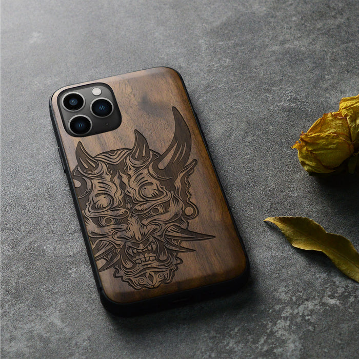 The Art of the Japanese Oni Mask, Classic Engraved Wood & TPU Case - Artisanal Cover for Apple iPhone