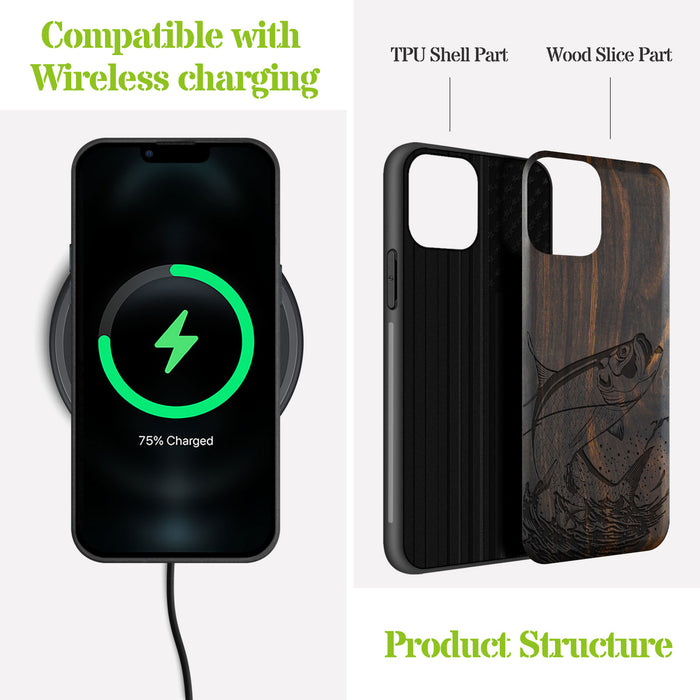 The Tarpon's Majestic Leap, Classic Engraved Wood & TPU Case - Artisanal Cover for Apple iPhone