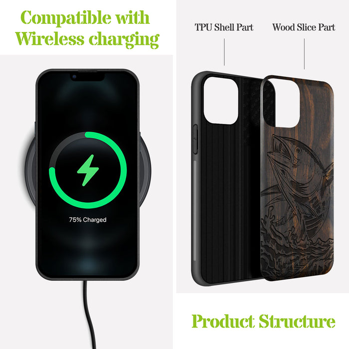 The Tuna's Spectacular Soar, Classic Engraved Wood & TPU Case - Artisanal Cover for Apple iPhone