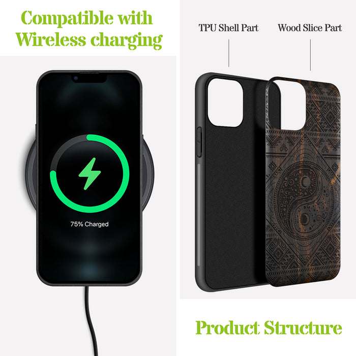 The Yin Yang Sun and Moon, Classic Engraved Wood & TPU Case - Artisanal Cover for Apple iPhone