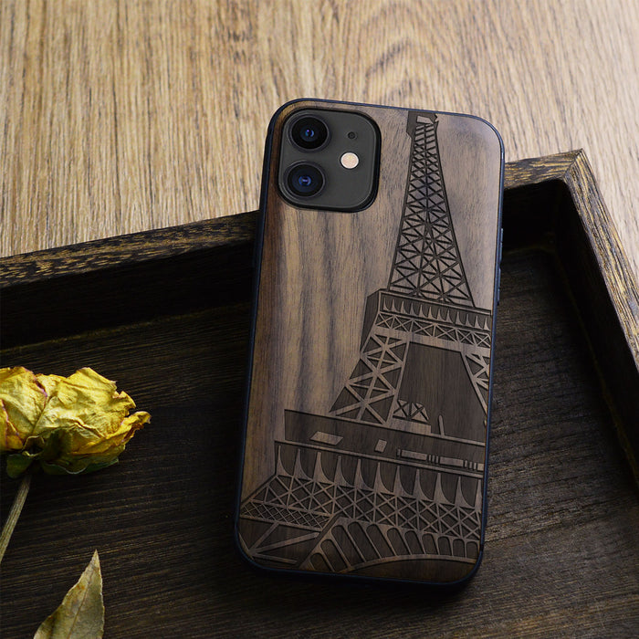 The Eiffel Tower in Geometric Splendour, Classic Engraved Wood & TPU Case - Artisanal Cover for Apple iPhone