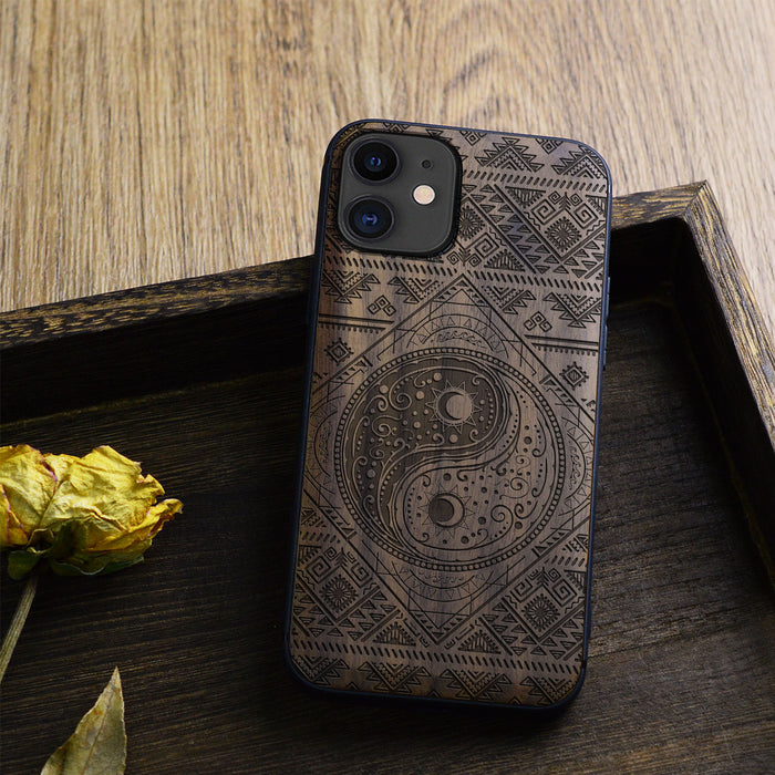 The Yin Yang Sun and Moon, Classic Engraved Wood & TPU Case - Artisanal Cover for Apple iPhone