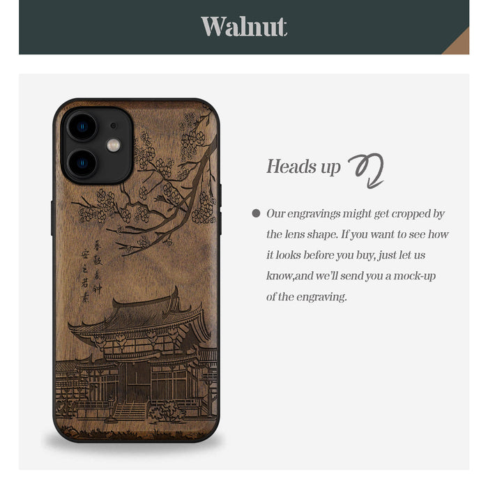 The Ancient Temple Amidst Cherry Blossoms, Classic Engraved Wood & TPU Case - Artisanal Cover for Apple iPhone