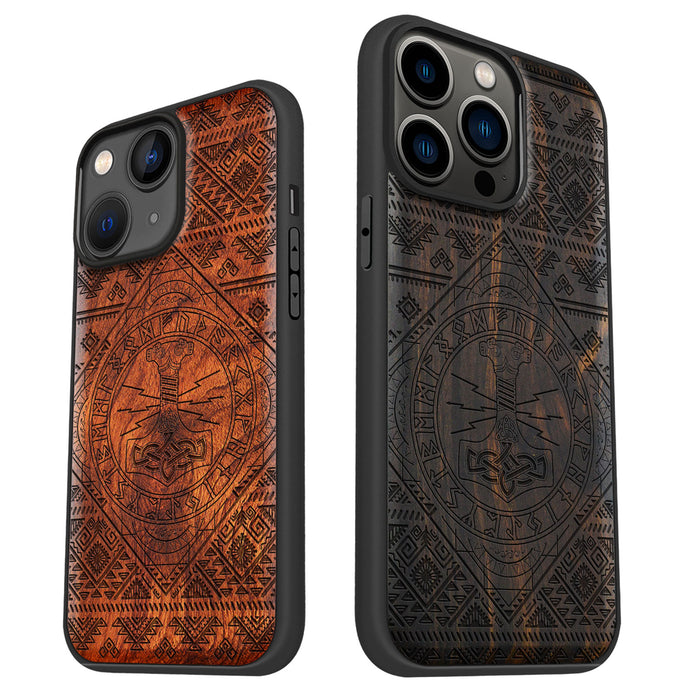 The Norse Resonance Mjollnir, Classic Engraved Wood & TPU Case - Artisanal Cover for Apple iPhone