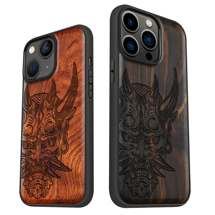 The Art of the Japanese Oni Mask, Classic Engraved Wood & TPU Case - Artisanal Cover for Apple iPhone