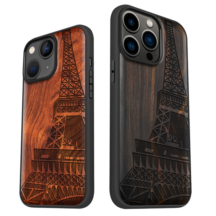 The Eiffel Tower in Geometric Splendour, Classic Engraved Wood & TPU Case - Artisanal Cover for Apple iPhone