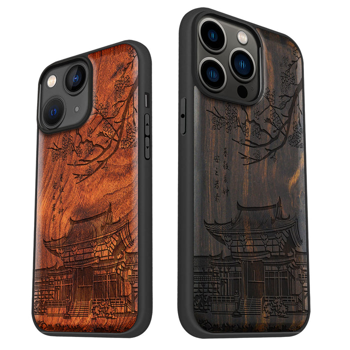 The Ancient Temple Amidst Cherry Blossoms, Classic Engraved Wood & TPU Case - Artisanal Cover for Apple iPhone