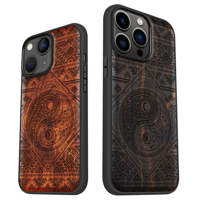 The Yin Yang Sun and Moon, Classic Engraved Wood & TPU Case - Artisanal Cover for Apple iPhone