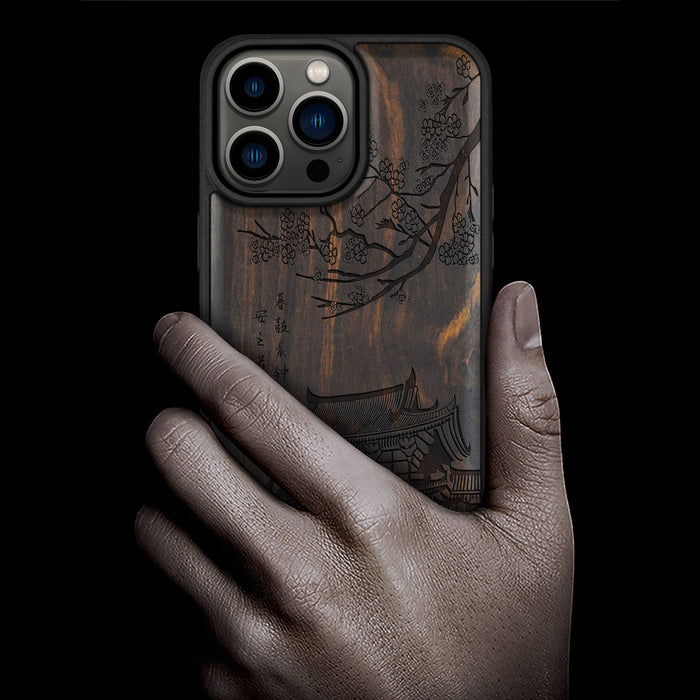 The Ancient Temple Amidst Cherry Blossoms, Classic Engraved Wood & TPU Case - Artisanal Cover for Apple iPhone