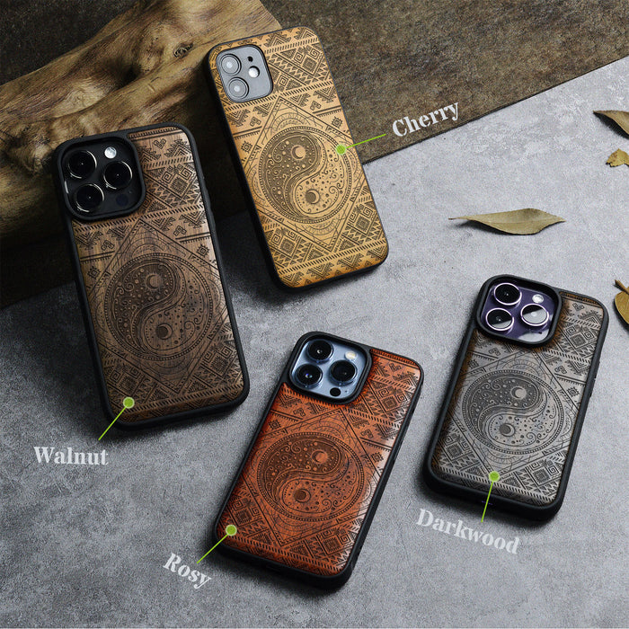 The Yin Yang Sun and Moon, Classic Engraved Wood & TPU Case - Artisanal Cover for Apple iPhone