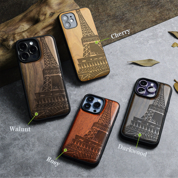 The Eiffel Tower in Geometric Splendour, Classic Engraved Wood & TPU Case - Artisanal Cover for Apple iPhone