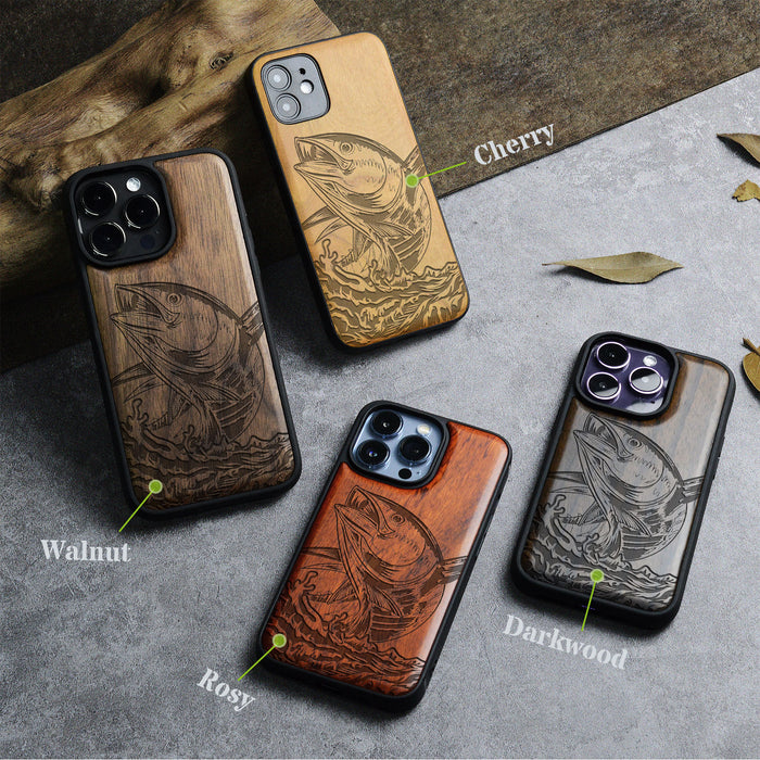 The Tuna's Spectacular Soar, Classic Engraved Wood & TPU Case - Artisanal Cover for Apple iPhone