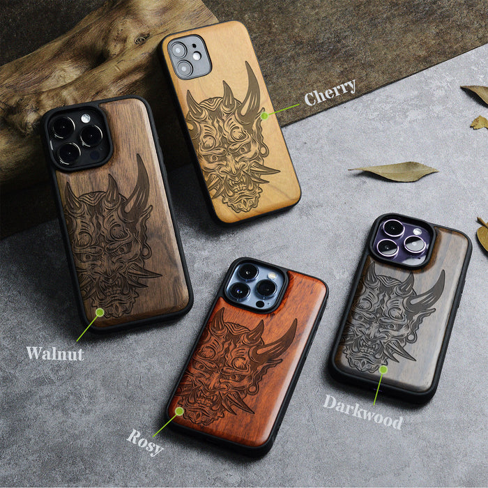 The Art of the Japanese Oni Mask, Classic Engraved Wood & TPU Case - Artisanal Cover for Apple iPhone