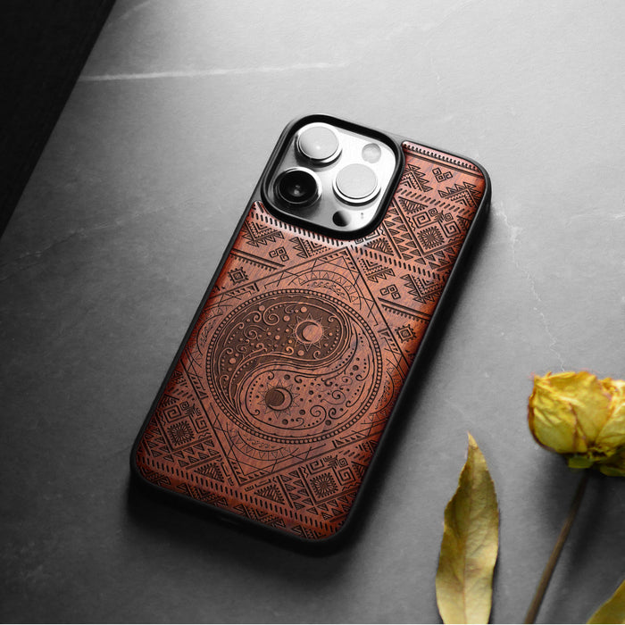 The Yin Yang Sun and Moon, Classic Engraved Wood & TPU Case - Artisanal Cover for Apple iPhone