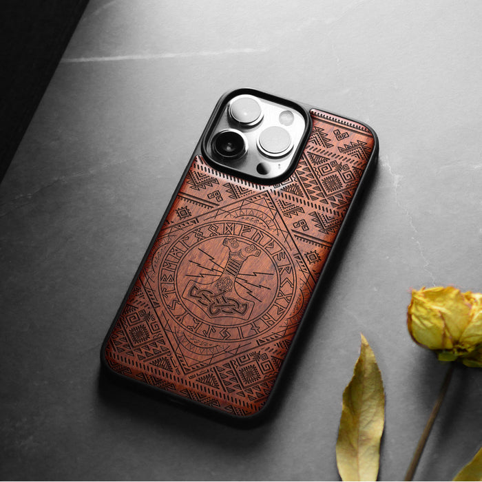 The Norse Resonance Mjollnir, Classic Engraved Wood & TPU Case - Artisanal Cover for Apple iPhone