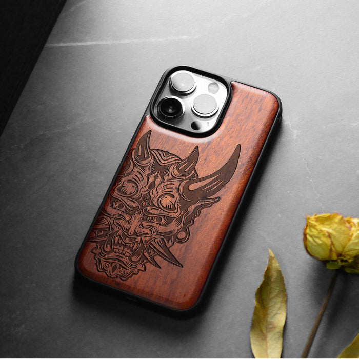 The Art of the Japanese Oni Mask, Classic Engraved Wood & TPU Case - Artisanal Cover for Apple iPhone