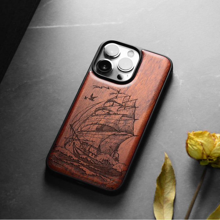 A Sailing Yacht on the Sea Waves, Classic Engraved Wood & TPU Case - Artisanal Cover for Apple iPhone