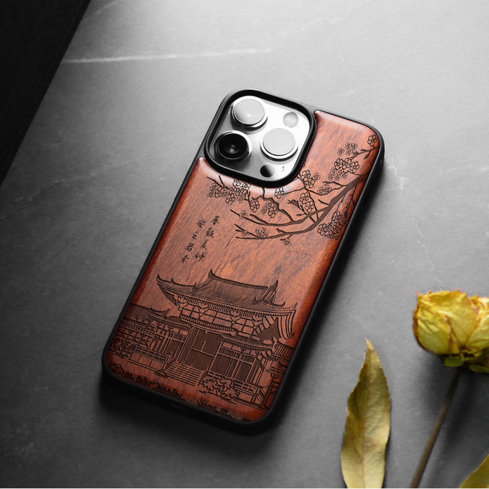 The Ancient Temple Amidst Cherry Blossoms, Classic Engraved Wood & TPU Case - Artisanal Cover for Apple iPhone