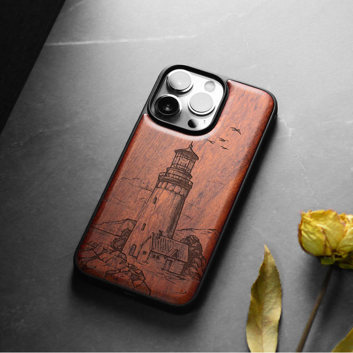 The Lighthouse, Classic Engraved Wood & TPU Case - Artisanal Cover for Apple iPhone