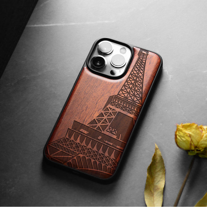 The Eiffel Tower in Geometric Splendour, Classic Engraved Wood & TPU Case - Artisanal Cover for Apple iPhone