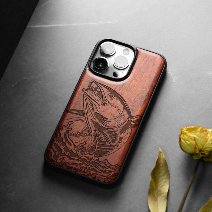 The Tuna's Spectacular Soar, Classic Engraved Wood & TPU Case - Artisanal Cover for Apple iPhone