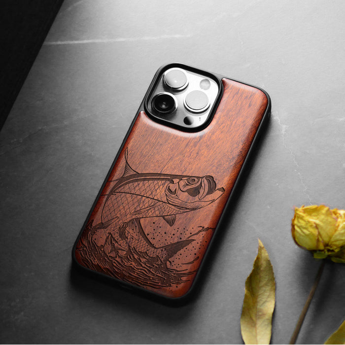 The Tarpon's Majestic Leap, Classic Engraved Wood & TPU Case - Artisanal Cover for Apple iPhone