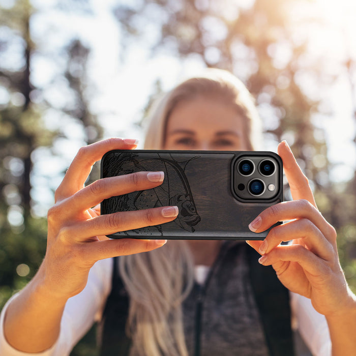 The Tarpon's Majestic Leap, Classic Engraved Wood & TPU Case - Artisanal Cover for Apple iPhone